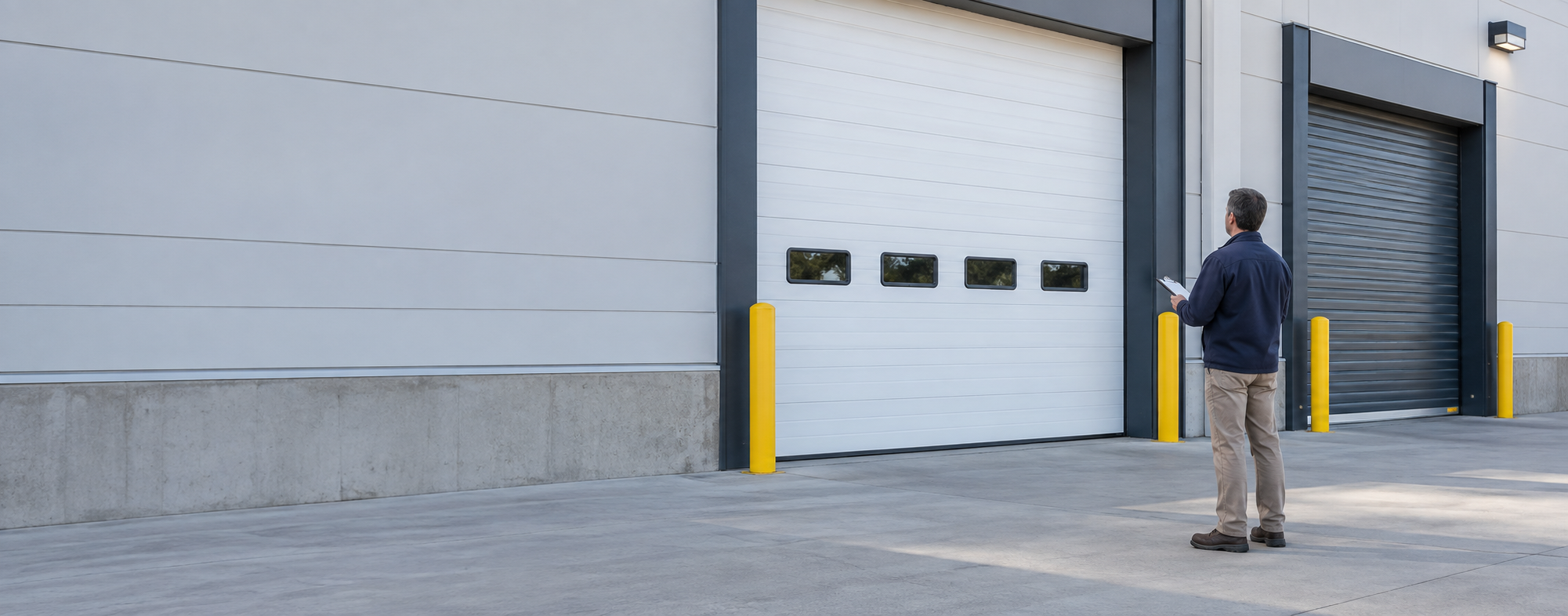 Facility manager visually inspecting commercial sectional and rolling doors