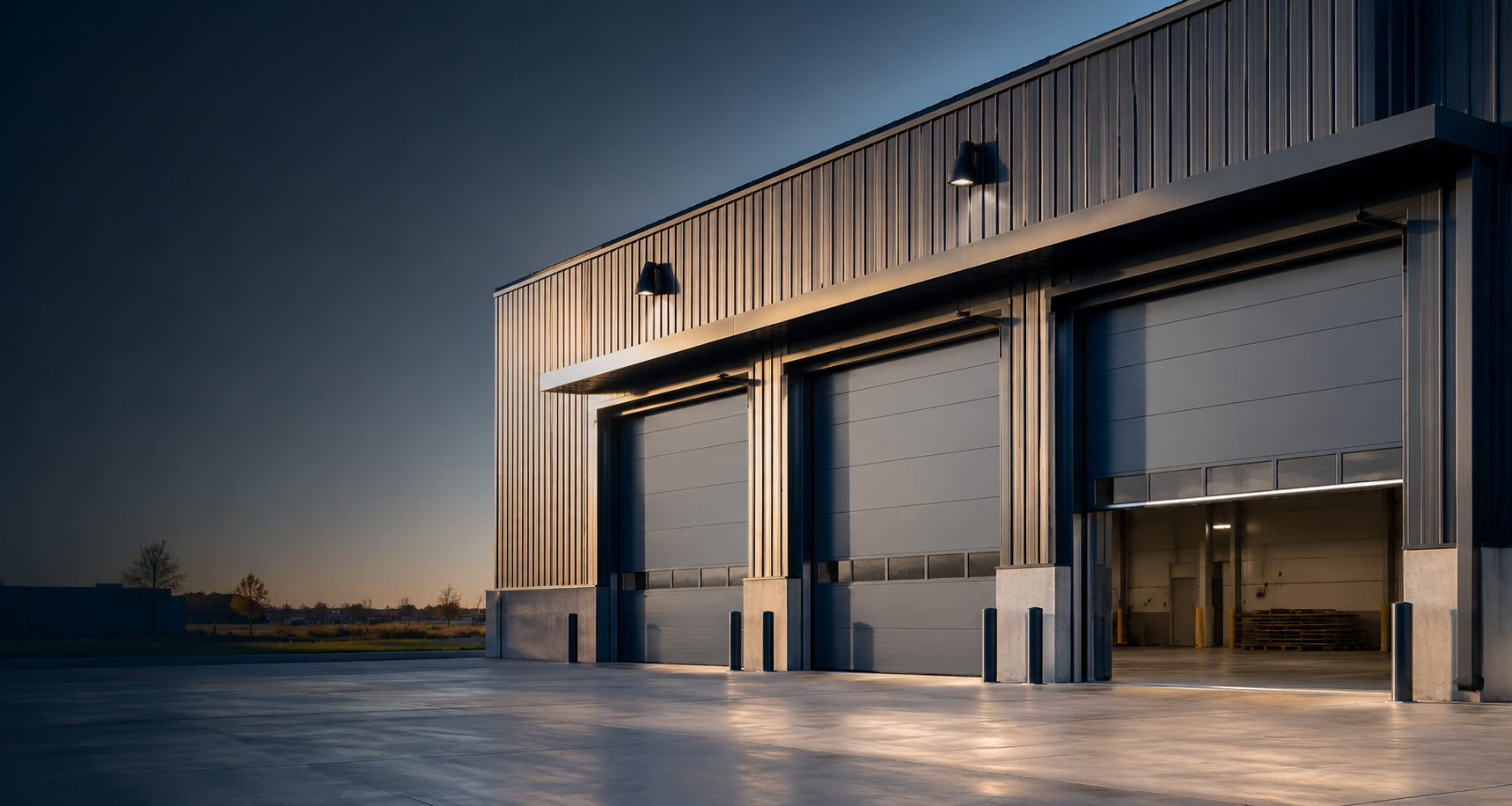Commercial sectional overhead doors at a modern industrial facility